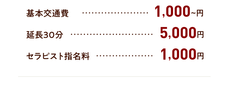 基本交通費 1,000円 延長３０分 5,000円 セラピスト指名料 1,000円